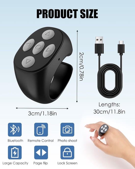 Velegnet til TikTok – Trådløs Bluetooth-scrollring til sidevending af korte videoer – Genopladelig – Kompatibel med iPhone, iPad, Android – Sort