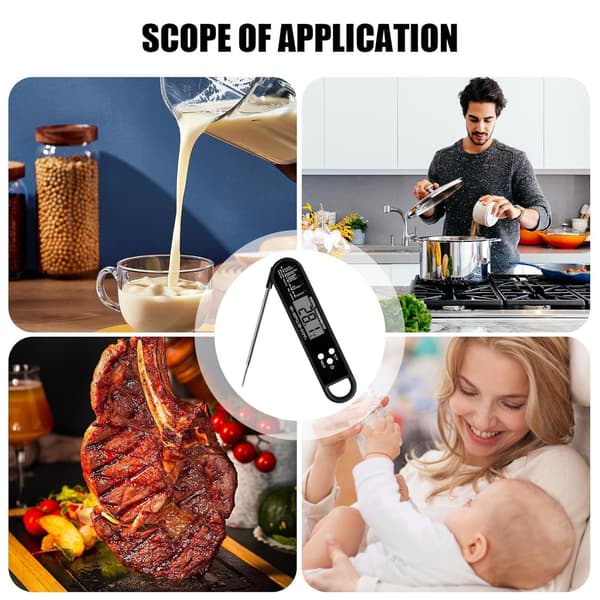 Digitalt kødtermometer til madlavning og grill, vandtæt køkkenmad LCD-termometer, foldbart - sort