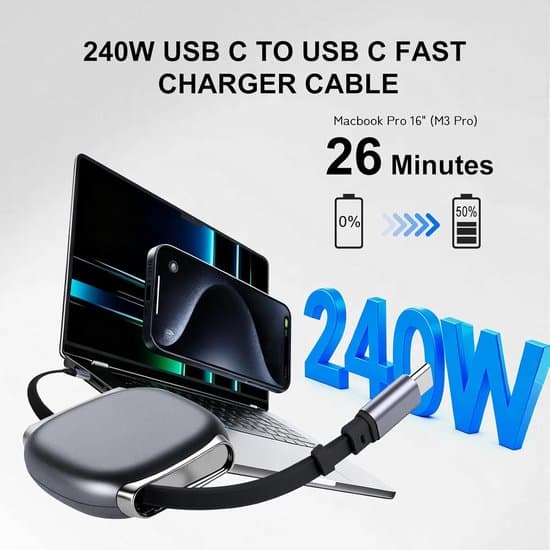 2-pak 240W udtrækkelige USB-C til USB-C hurtigopladningsdatakabler, sort