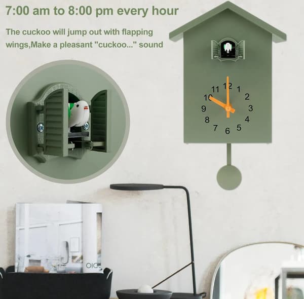 Fågelhusdesign väggklocka med timslag, batteridriven, vit