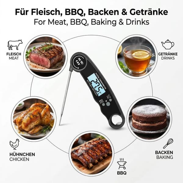 Digital kötttermometer - Grilltermometer, kökstermometer, baktermometer - Den idealiska grilltermometern för grillning, biff och bakning.