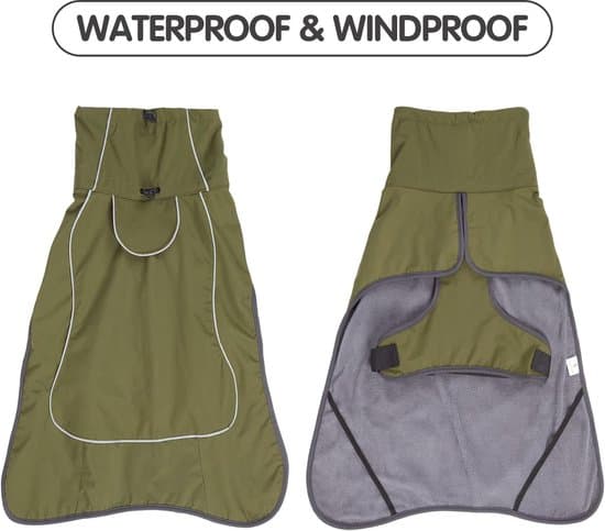 Vattentät hundjacka med varmt fleecefoder och reflexdetaljer, grön, storlek M