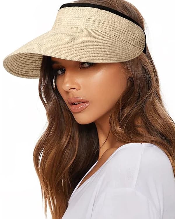 Dame foldbar stråhat med bred skygge, UPF 50+ solbeskyttelse, beige.