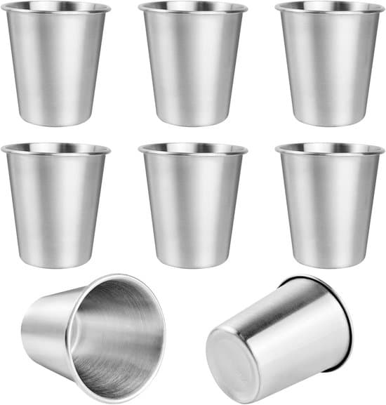Sæt med 8 kopper i rustfrit stål - 260 ml - ideel til camping, picnics og fester