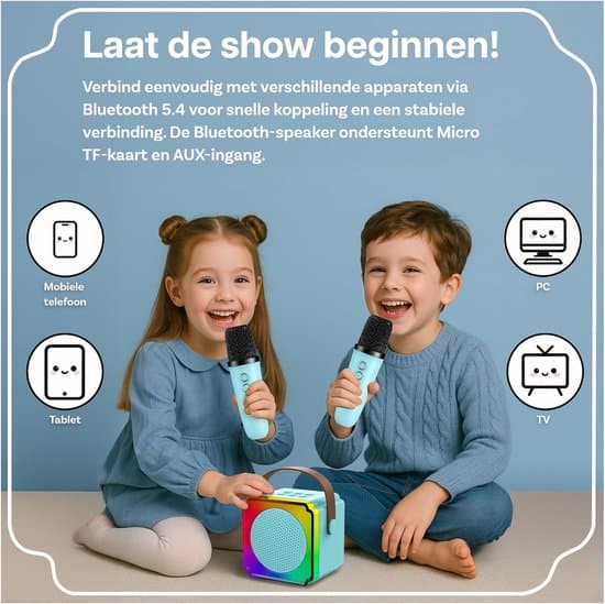 Mini Karaoke Maskine til Børn, Bluetooth Højttaler, 2 Mikrofoner, Blå