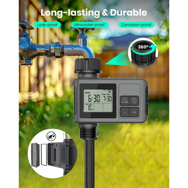 Digital timer för trädgårdsslang (grå, 1 utlopp), programmerbar timer med regnfördröjning/manuell/automatisk droppbevattning.