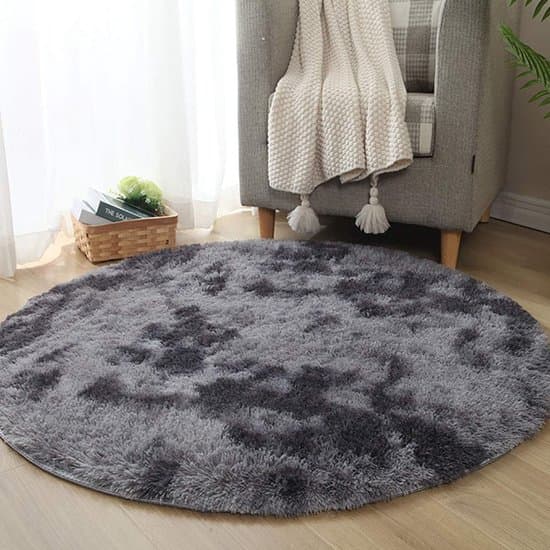 Fluffig rund sovrumsmatta, modern plyschmatta, grå, 100 cm diameter