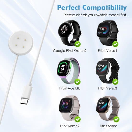 Magnetisk USB-C Oplader Dock Kabel (1m) til Google Pixel Watch 3/2 & Fitbit Versa 4/Sense 2