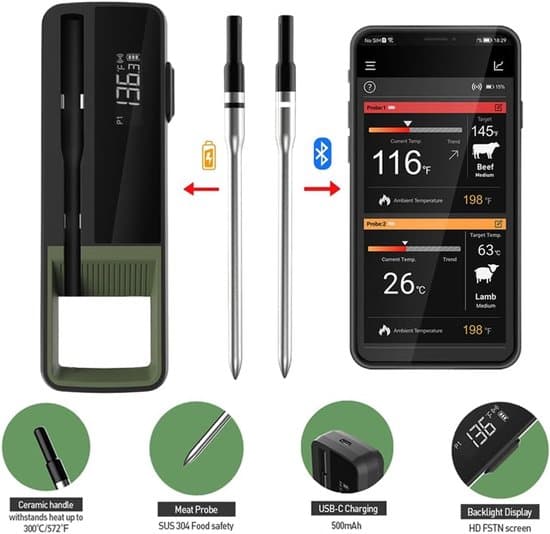Trådlös grilltermometer - Grilltermometer med app - Ugnstermometer - Grillpryl