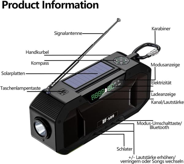 Nödradio, 5000mAh solgenerator, AM/FM, vattentät LED