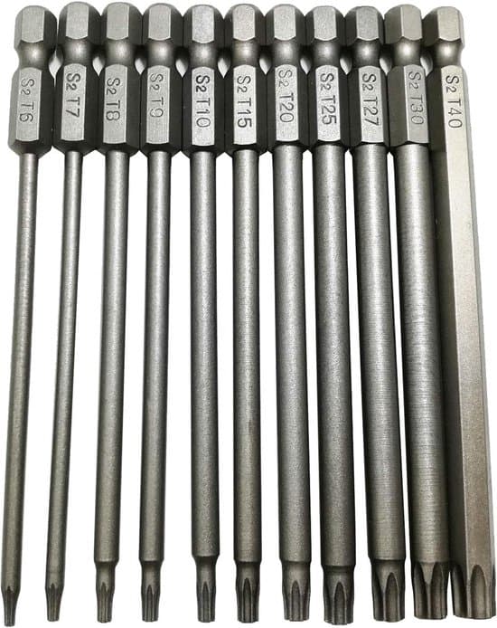 11-dele skruetrækkerbitsæt, Torx, S2 stål, 100 mm