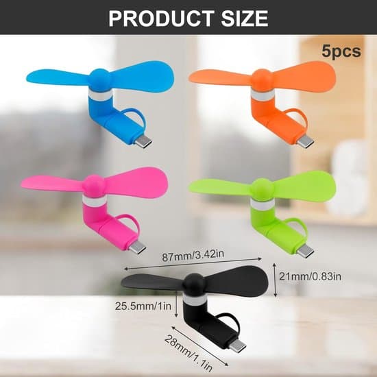 Smartphone Mini Ventilatorsæt - 5 stk. pakke - Laptop Ventilator - USB Mini Ventilator (Android) - Trådløs Håndholdt Ventilator - til USB-C og Micro-USB Interfaces -...