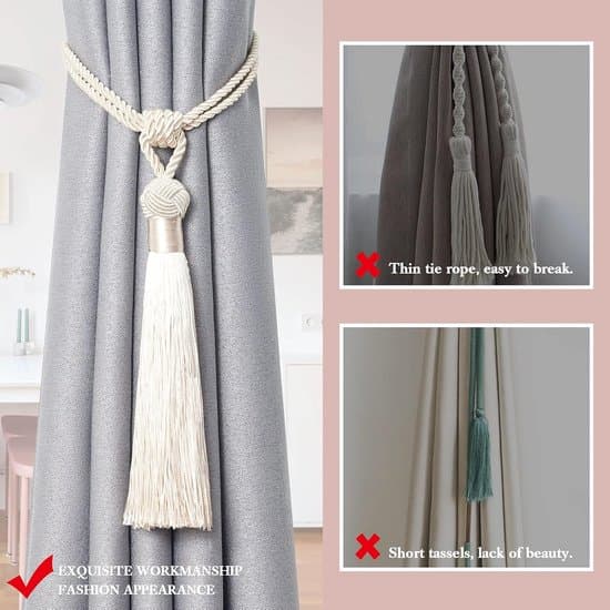 Sæt med 4 håndlavede gardinkvaster med snor til dekorative draperier