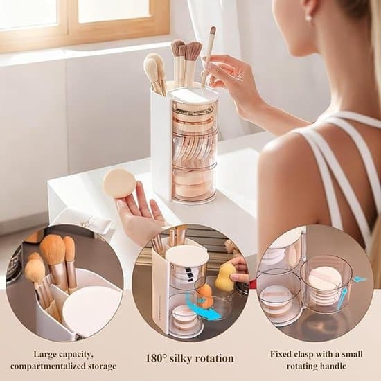 Roterende 3-lags makeup-organizer med børsteholder