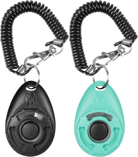 2-pak hundetræningsklikker med elastisk håndledsrem, professionel, til hunde/katte (sort+cyan)