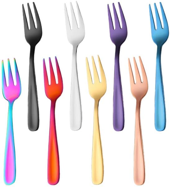 Farverigt Minigaffelsæt - 8 Stykker - Rustfrit Stål - 13,7 cm