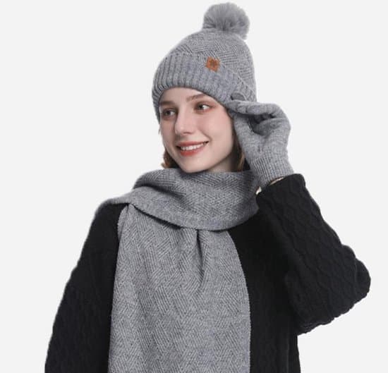 3-i-1 mössa, halsduk och handskar för kvinnor - Vinterpresent för kvinnor, mössa, fleecefoder och varm vintermössa - Beige