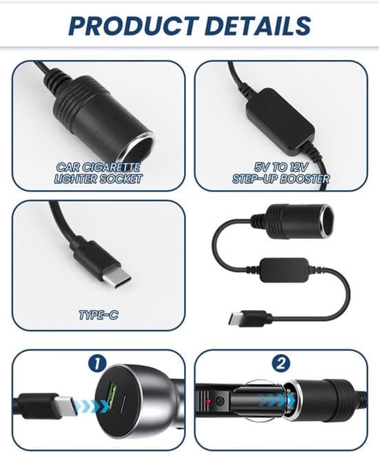 Bil cigarettænderadapter - USB-C til bil cigarettænderadapter - 12V - Sort - USB boostkabel 5V til 12V cigarettænder hun