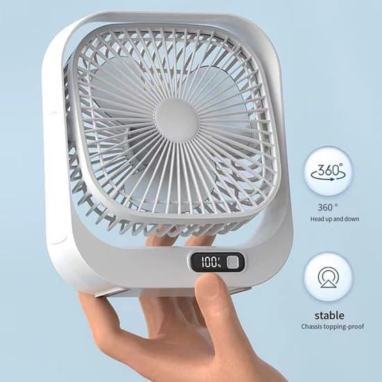 Stille USB Genopladelig Bordventilator med LED-display (Hvid)