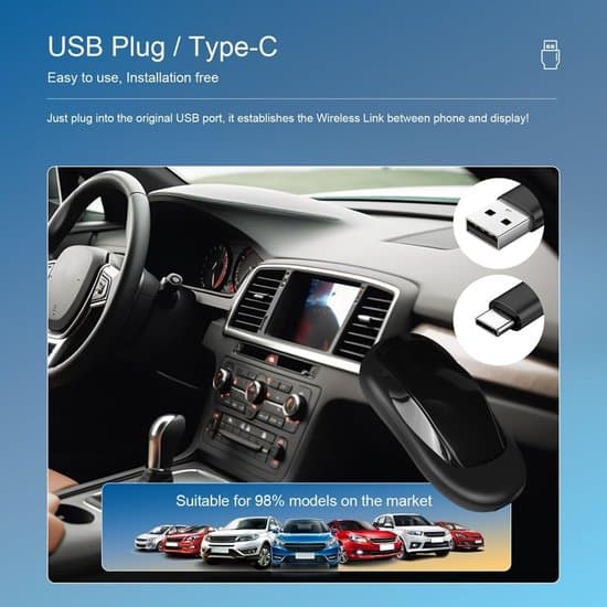 2-i-1 trådlös CarPlay och Android Auto kompatibel med iOS/Android-system, 2 GB RAM + 32 GB lagring, Android 13 och senare, stöder MirrorLink.