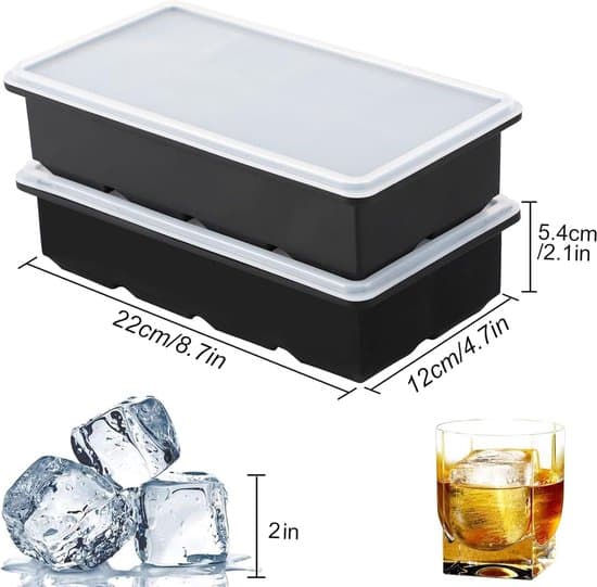 Isbitsform - Set med 2 XXL silikonisbitsformar med lock - BPA-fri - För 16 stora isbitar (5 cm) - Svart