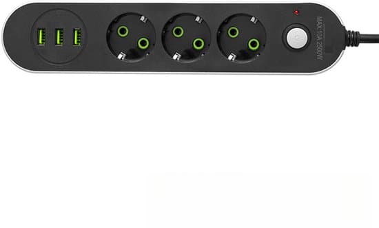 Strømskinne - 3 stik - med USB-opladningsport - 5 meter - Sort