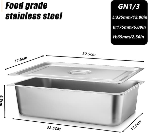 3-delt rektangulær bageplade i rustfrit stål med låg (32,5x17,5x6,5cm), madopbevaringsfade.