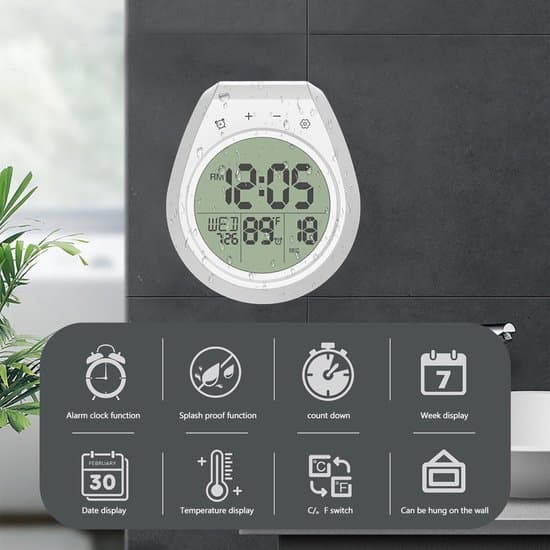 Vattentät badrumsklocka – duschtimer, digital duschtimer – LCD-display – 12/24-timmarsvisning – Celsius/Fahrenheit – sugkoppsmontering