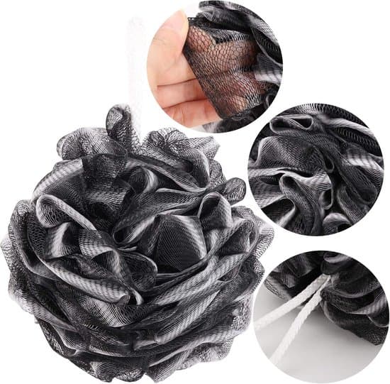 Fire loofah badebolde, 60 gram mesh badebolde, sorte badebolde, som vist på billedet.