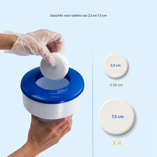 Flydende klordispenser til 7,6 cm tabletter, justerbar flow, til pools og spabade, Diameter 16,2 cm - Blå, hvid
