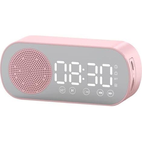 Bluetooth-högtalarklocka – multifunktionell spegel – rosa – kompakt – modern design