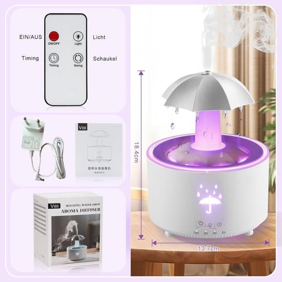 Luftfugter, Aroma Diffuser, Paraply Luftfugter, Roterende Paraply Dråbe Luftfugter, Aromaterapi Diffuser med 7-farvet LED-belysning, Hvid, 300 ml