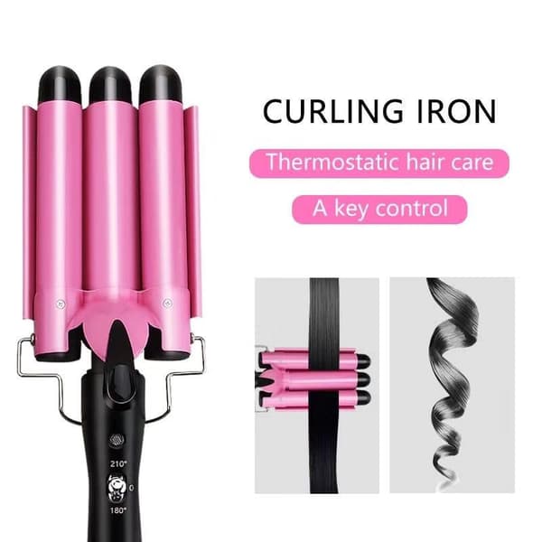 3-rullars keramisk locktång, 25 mm, justerbar temperatur (rosa)