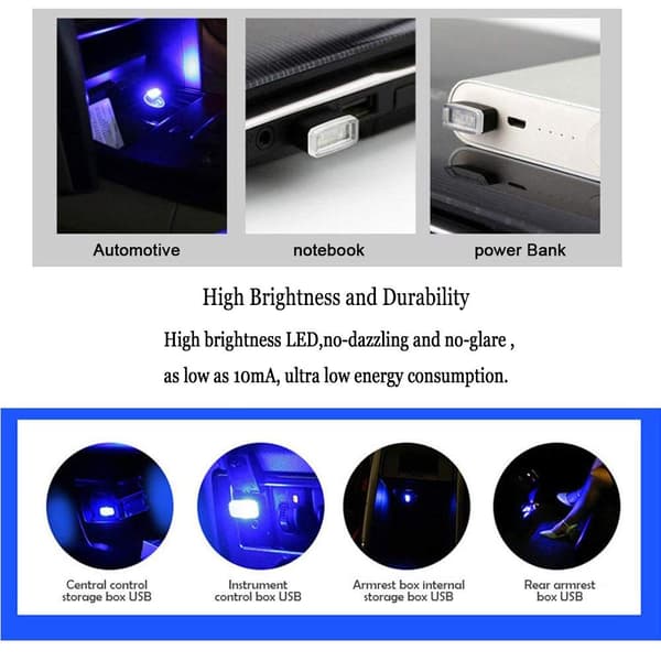 Bil USB-stemningslys - 6-pak Mini Trådløse USB Universelle LED-lys til Bilinteriør - Flere Farver