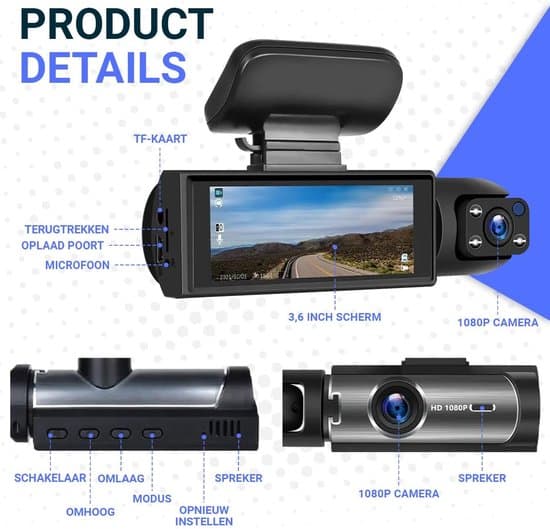 Bil-kamera, Wi-Fi, App, dubbla linser, rörelsedetektering, Full HD, 32GB SD