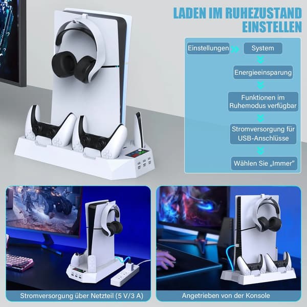 PS5 Controller Dual Opladerstander med Blæser, Multifunktionel 2-i-1 Controller Opladerstander med Blæserbase - Hvid