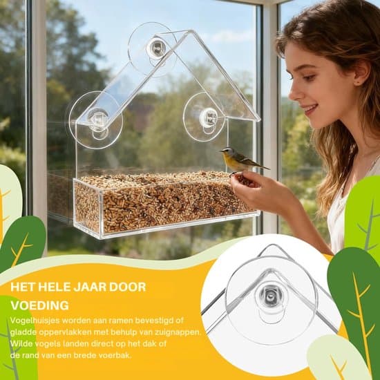 Vinduesfuglefoderbræt - Fuglehus - Med sugekop - Stor gennemsigtig akryl - Fuglefoderbræt - Foderstation - 15x7x16 cm