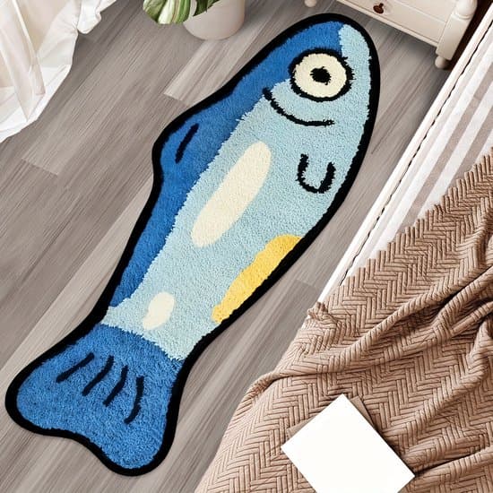 Blå fiskemønstret gulvmåtte - 60cm x 90cm - Sort