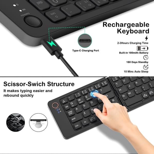 Vikbart trådlöst Bluetooth-tangentbord: Bärbart vikbart resetangentbord för iPhone, iPad, Mac, Android, Windows och iOS (svart)