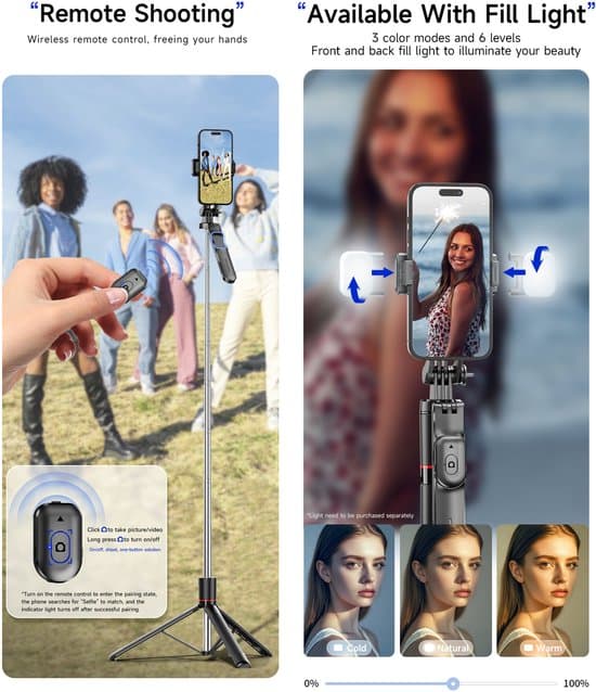 Telefonstativ med lys, 67-tommer teleskopisk Bluetooth selfie-stang