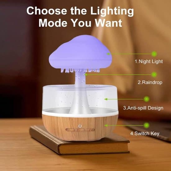 RainCloud luftfugter med vanddråbe-svampedesign og 7-farvet aroma diffuser