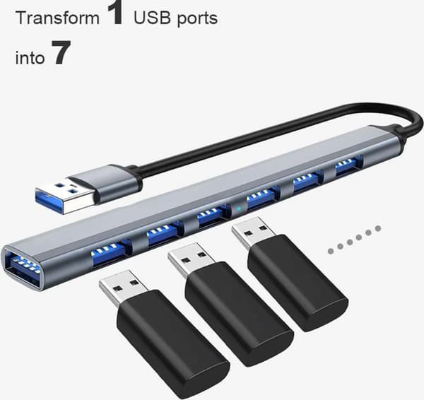 USB 3.0 til USB 2.0/3.0 USB-hub, 7 porte, sølvgrå.