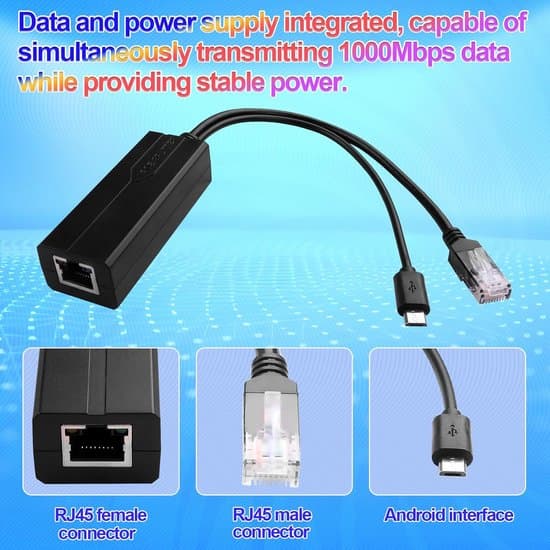 Splitter, Micro USB-interface, 48V til 5V, egnet til gigabit netværkskameraer og enheder.