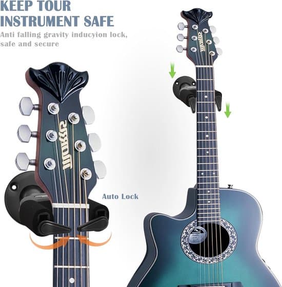 Gitarrväggfäste - med automatiskt säkerhetslås - lämpligt för alla gitarrer - svart gitarrväggfäste