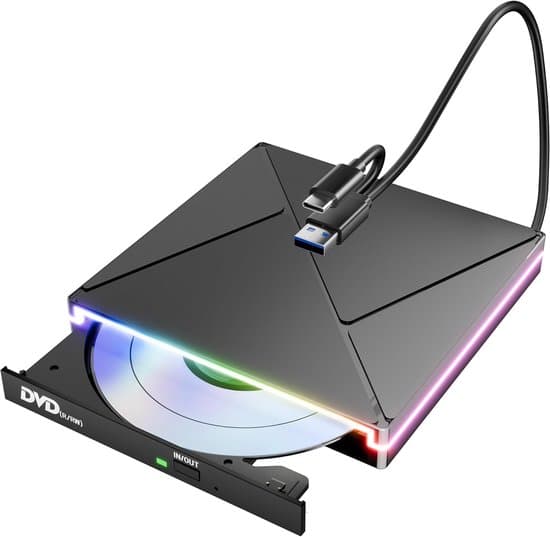 Extern CD/DVD-enhet med RGB-belysning, USB 3.0- och USB-C-portar, stöder +/-RW-bränning, för bärbara datorer, PC, stationära datorer, MacBooks, Windows/MacOS