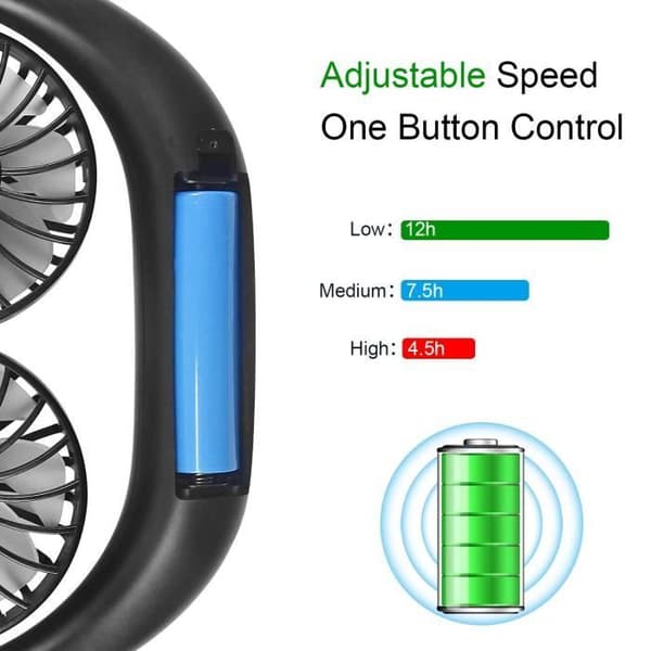 Bærbar ventilator - Opgraderet version - Sort - Genopladelig - Håndfri