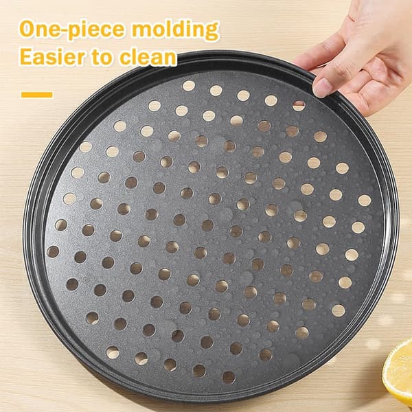 4 runde pizzapander - Pizzabagepander - Runde - Non-stick belægning - Grå perforeret