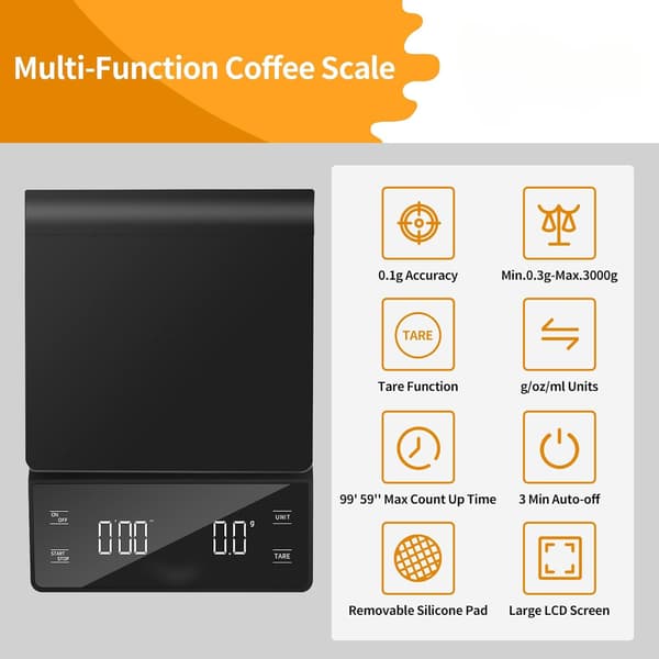 Digital kaffevåg med timer, 3kg/0.1g kapacitet.