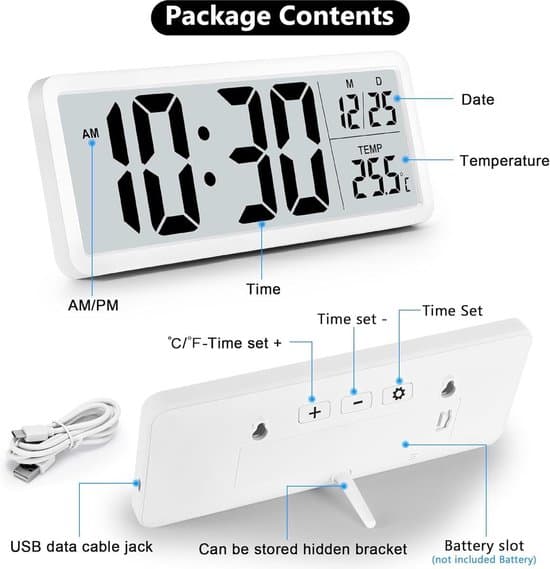 Stor digital LED-väggklocka med batteri och temperaturdisplay (vit), 12/24H skrivbordsklocka.
