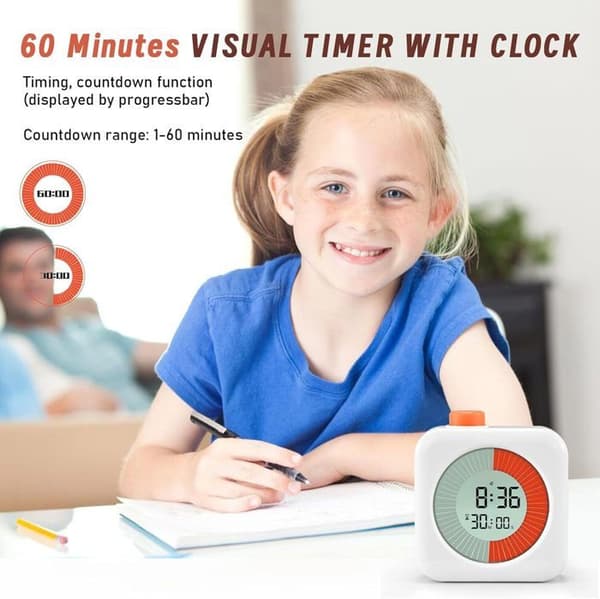 Digital visuel timer - Timer med nedtælling, alarm og urfunktioner - Hvid